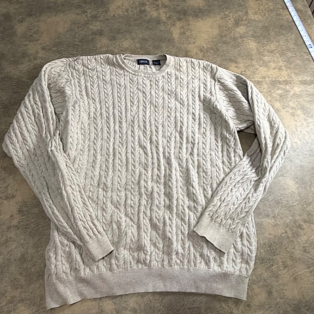 IZOD Sweater Mens XL Beige Cable Knit Cotton Crew Made in Japan